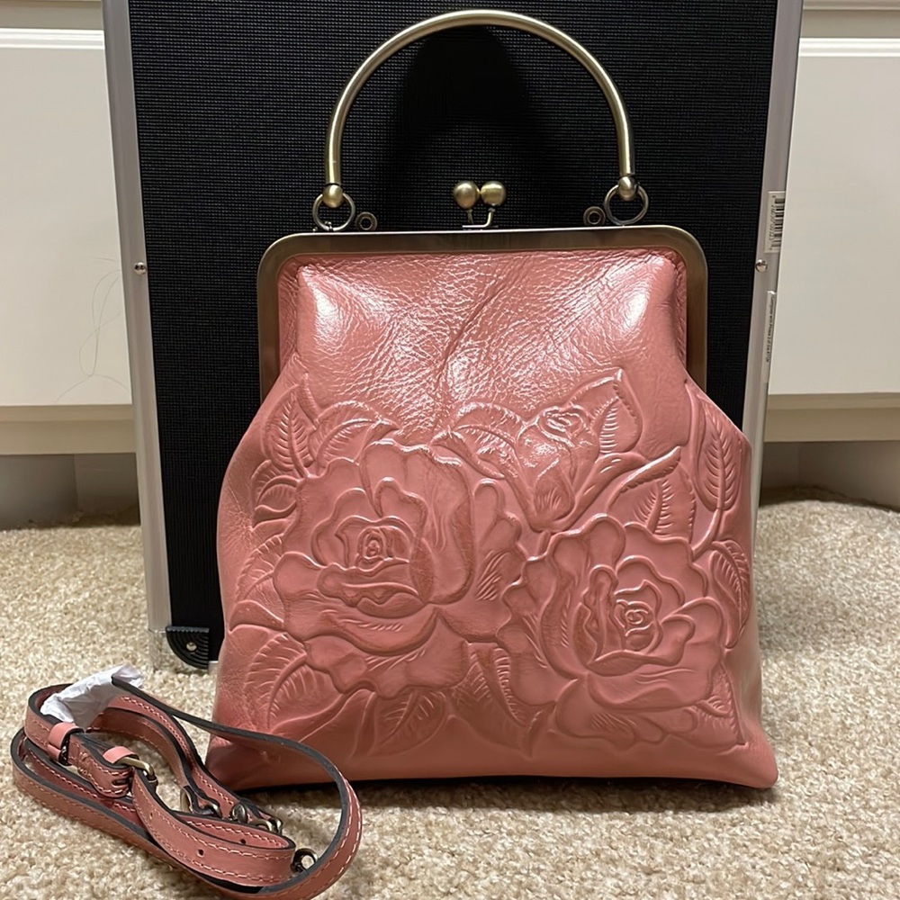 BRAND new!Patricia Nash Leather Novella frame Bag with extra strap MAUVE TOOLED